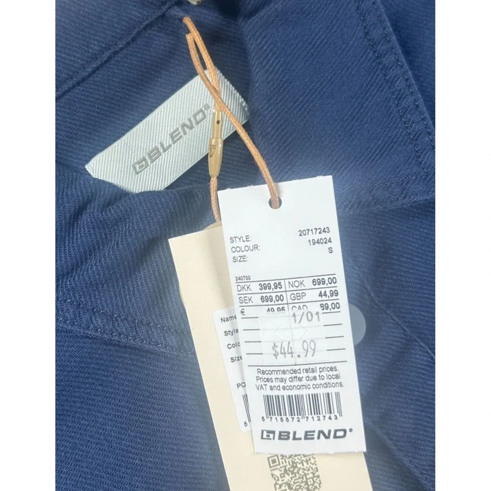 Blend Mens Overshirt Navy Blue Snap Front‎ Twill Chore Jacket Size Small NWT